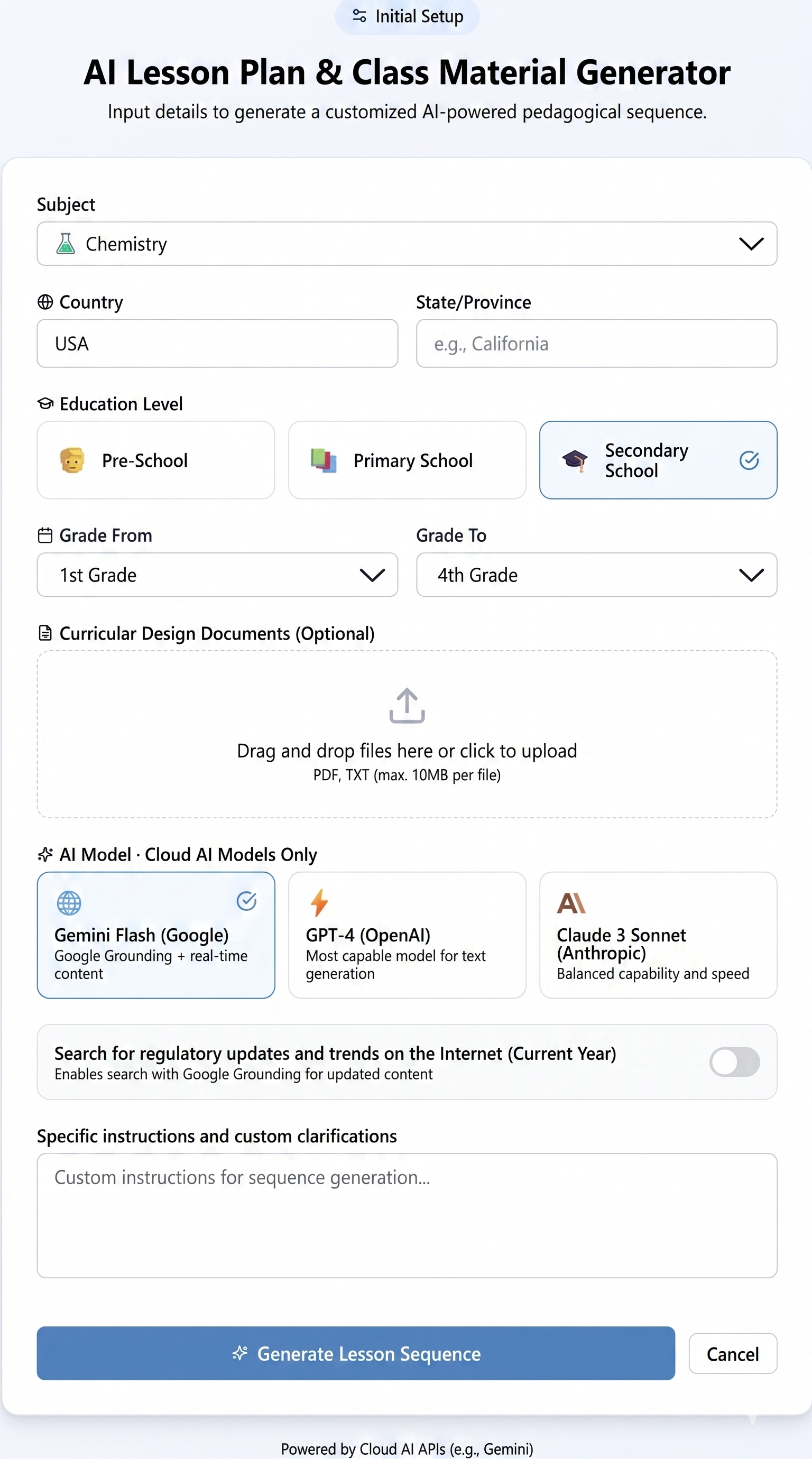AI-Powered Lesson Plan Generator application preview showing the pedagogical sequence builder interface